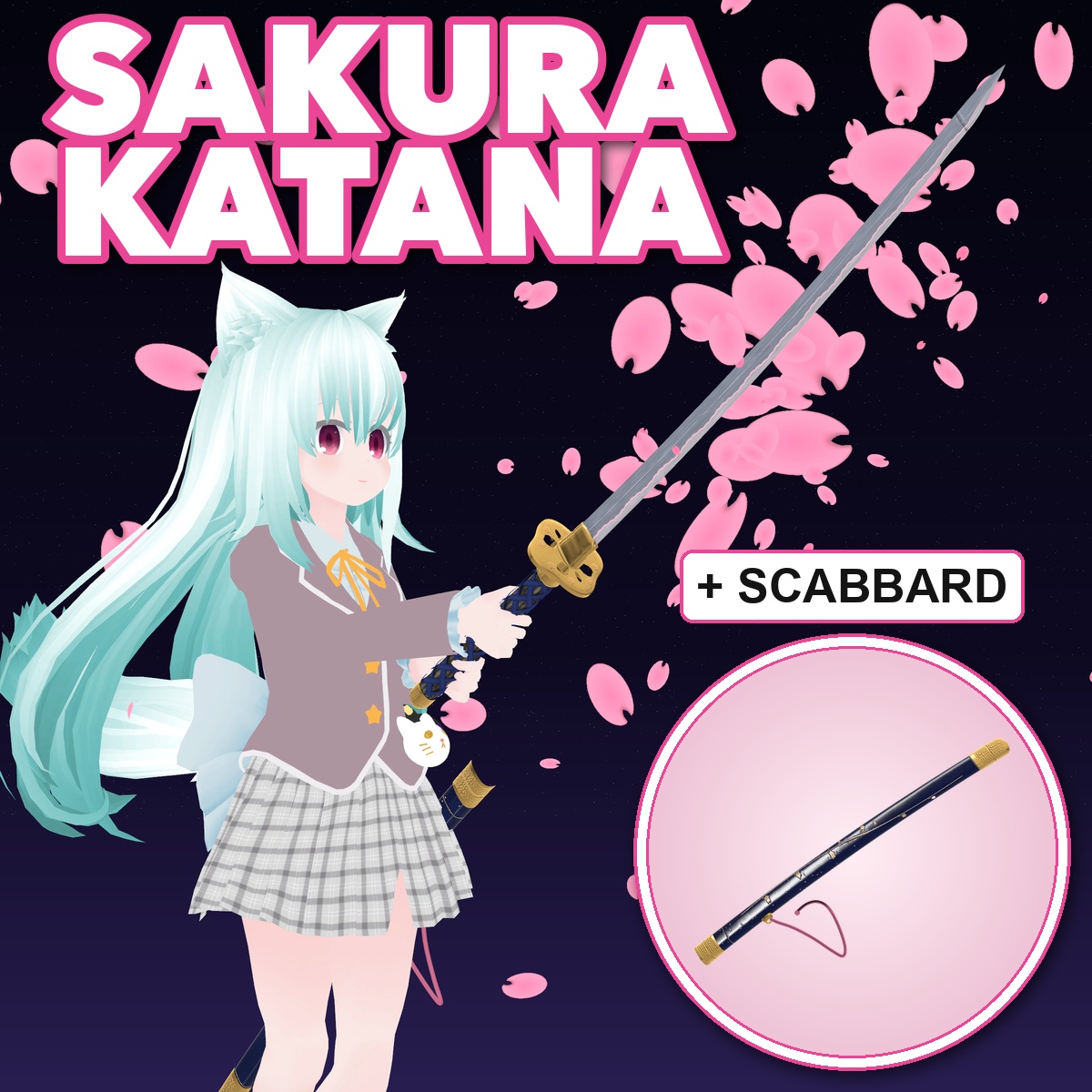 Sakura Katana - Cherry Blossom Katana with Draw / Sheathe Toggle, 3 Colors (Navy / Crimson / Jade) [VRChat, Modular Avatar]