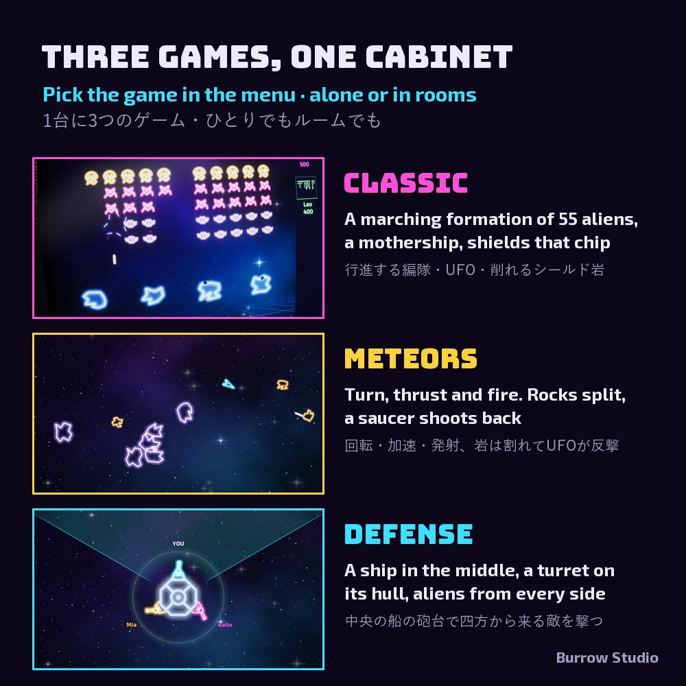 Nova Swarm — 3 Neon Arcade Games in One Cabinet for VRChat Worlds