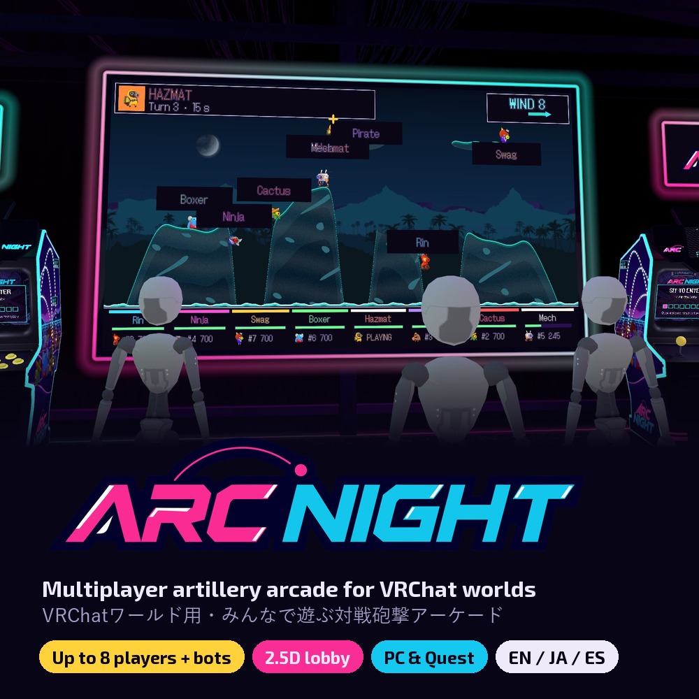 ARC NIGHT — Multiplayer Artillery Arcade for VRChat Worlds (8 Cabinets, Giant Screen, 2.5D Lobby)