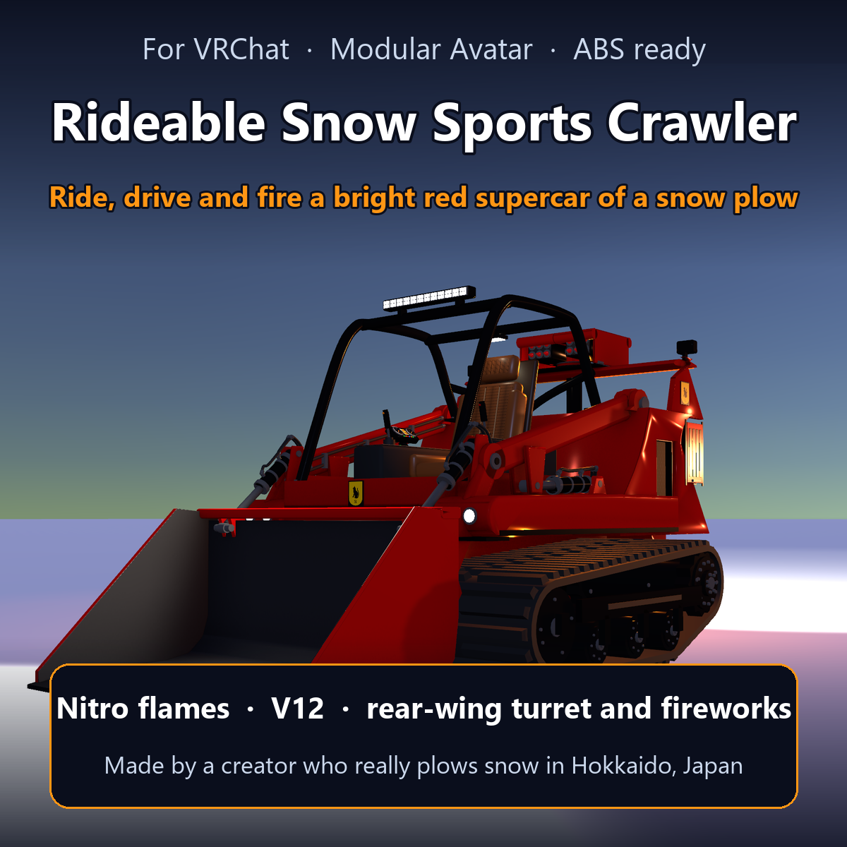 Rideable Snow Sports Crawler | VRChat Drivable Vehicle Gimmick - Nitro & Missile Turret [Modular Avatar / ABS]