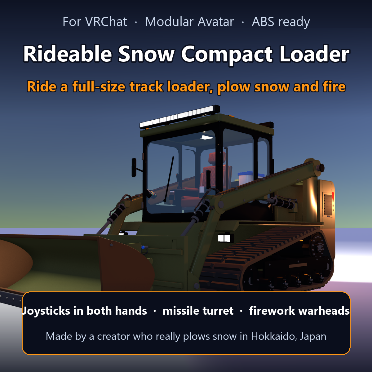 Rideable Snow Compact Loader | VRChat Drivable Vehicle Gimmick - Missiles & Fireworks [Modular Avatar / ABS]