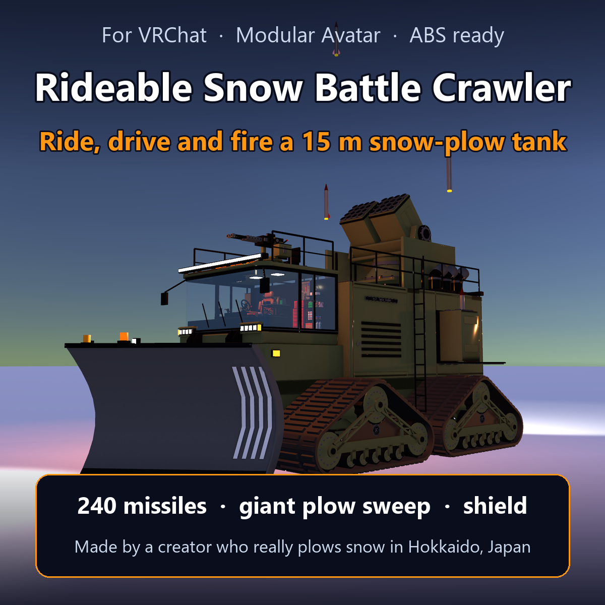 Rideable Snow Battle Crawler | VRChat Drivable Tank Vehicle Gimmick - 240 Missiles [Modular Avatar / ABS]