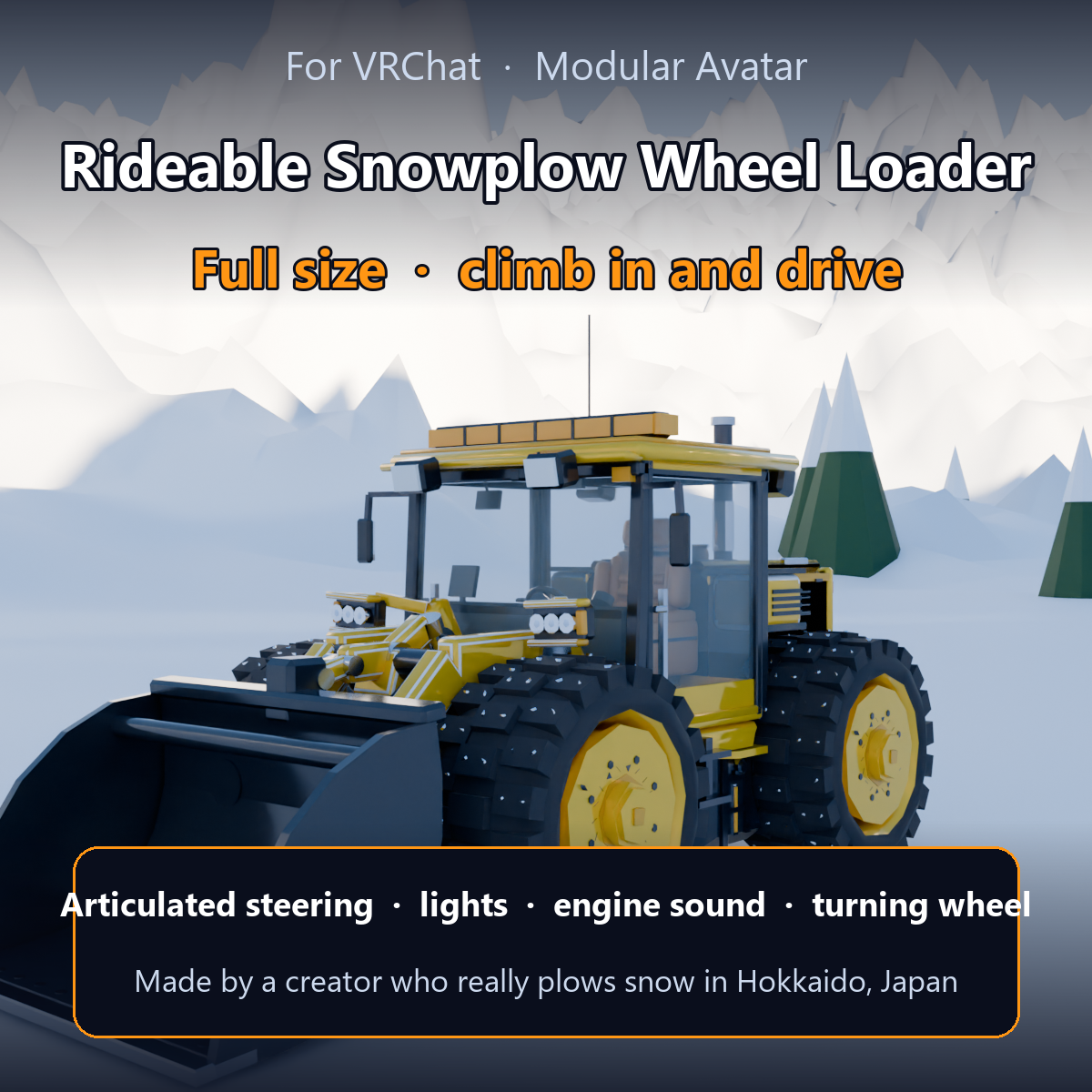 Rideable Snowplow Wheel Loader | VRChat Drivable Vehicle Gimmick - Full Size [Modular Avatar]