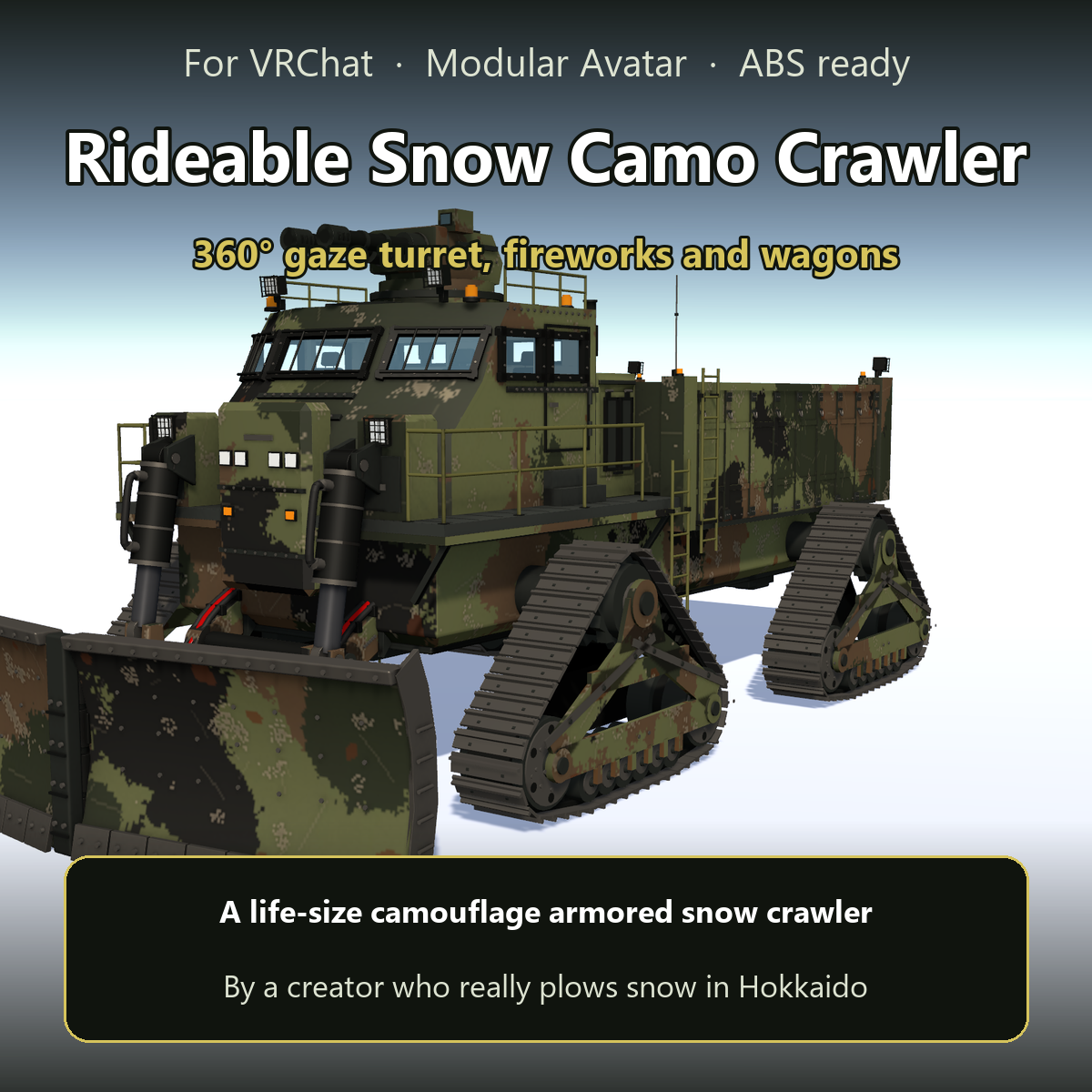 Rideable Snow Camo Crawler | VRChat Drivable Tank Vehicle Gimmick - 360° Turret & Wagons [Modular Avatar / ABS]
