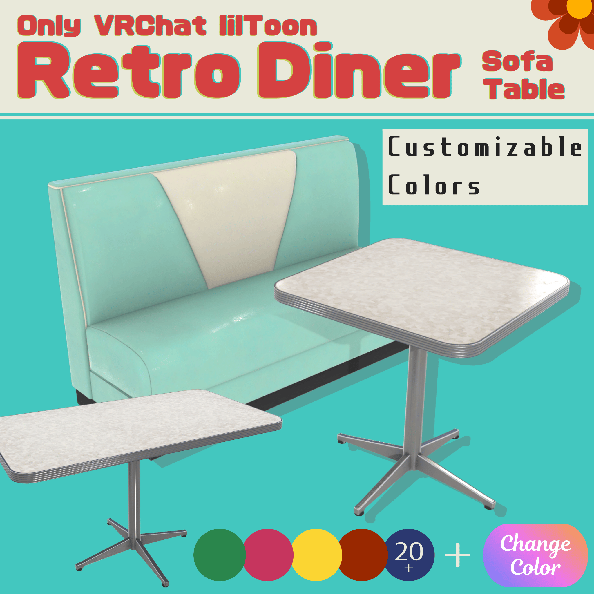 VRChat lilToon | Retro Diner Sofa & Table Set | Customizable Colors | 3D Furniture