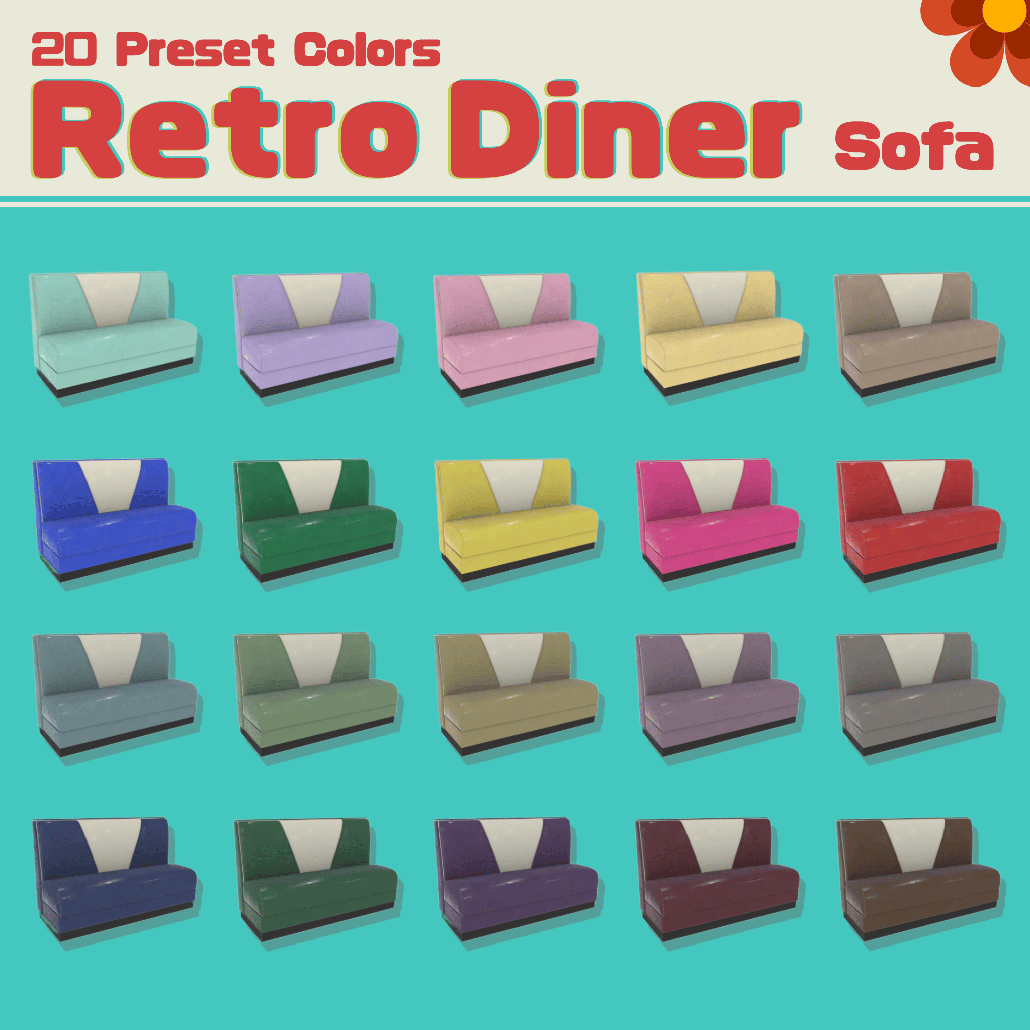 VRChat lilToon | Retro Diner Sofa & Table Set | Customizable Colors | 3D Furniture