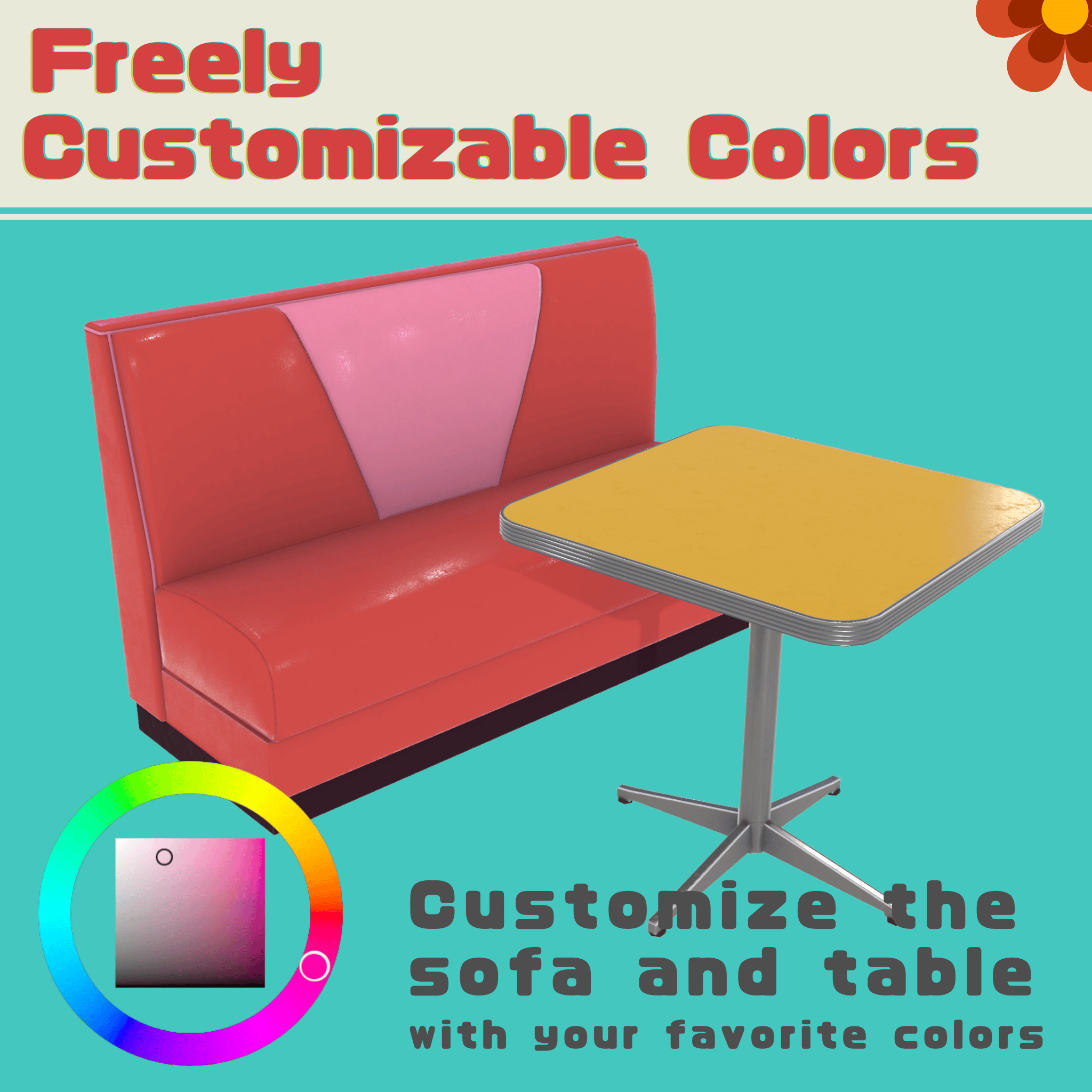 VRChat lilToon | Retro Diner Sofa & Table Set | Customizable Colors | 3D Furniture