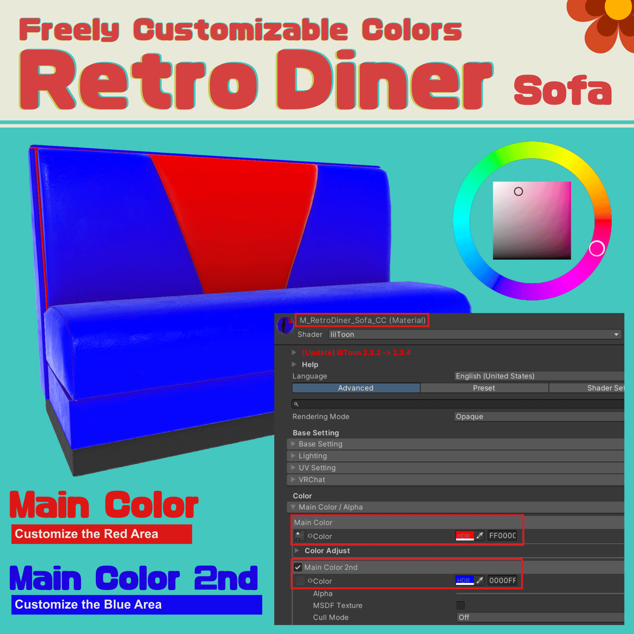VRChat lilToon | Retro Diner Sofa & Table Set | Customizable Colors | 3D Furniture