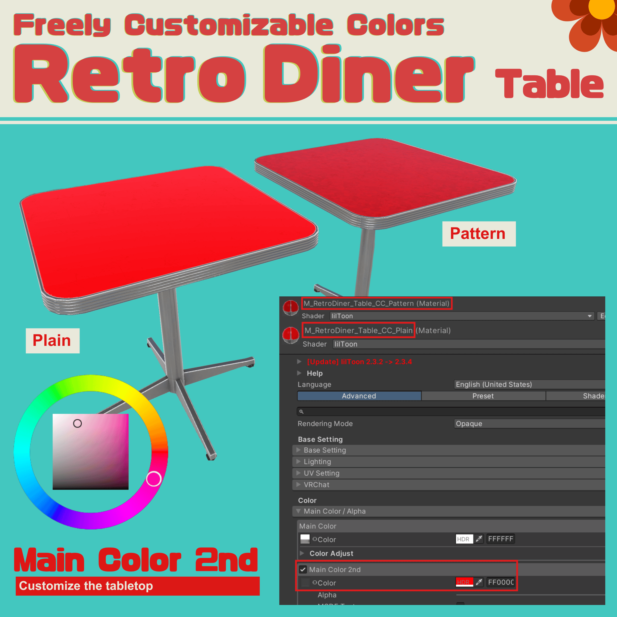 VRChat lilToon | Retro Diner Sofa & Table Set | Customizable Colors | 3D Furniture