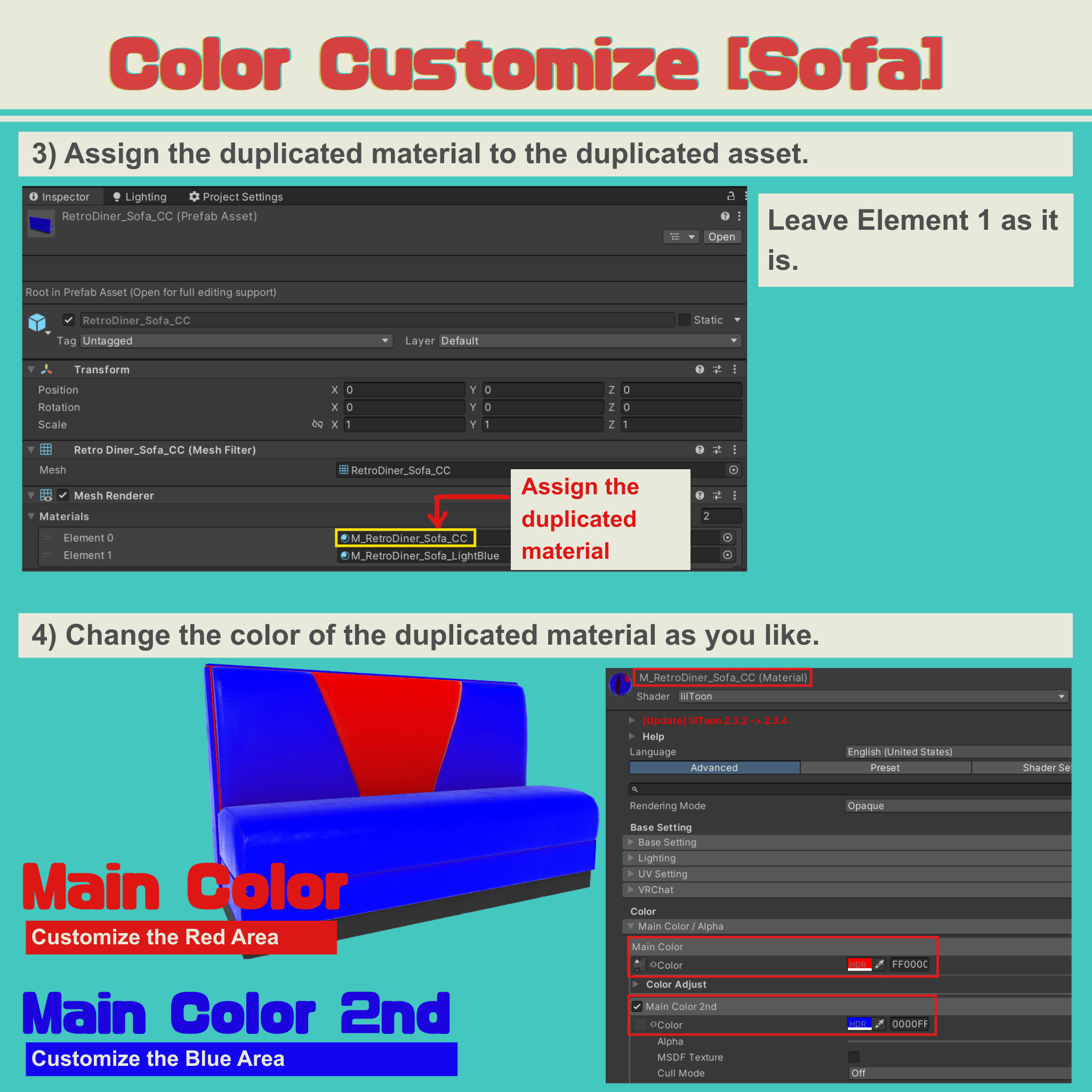 VRChat lilToon | Retro Diner Sofa & Table Set | Customizable Colors | 3D Furniture