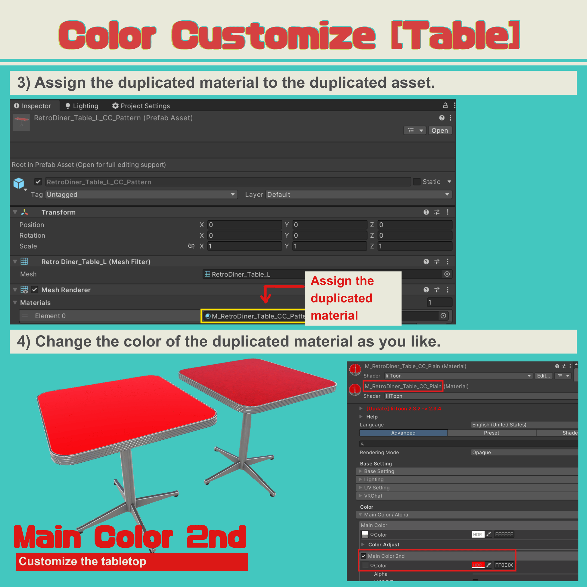 VRChat lilToon | Retro Diner Sofa & Table Set | Customizable Colors | 3D Furniture
