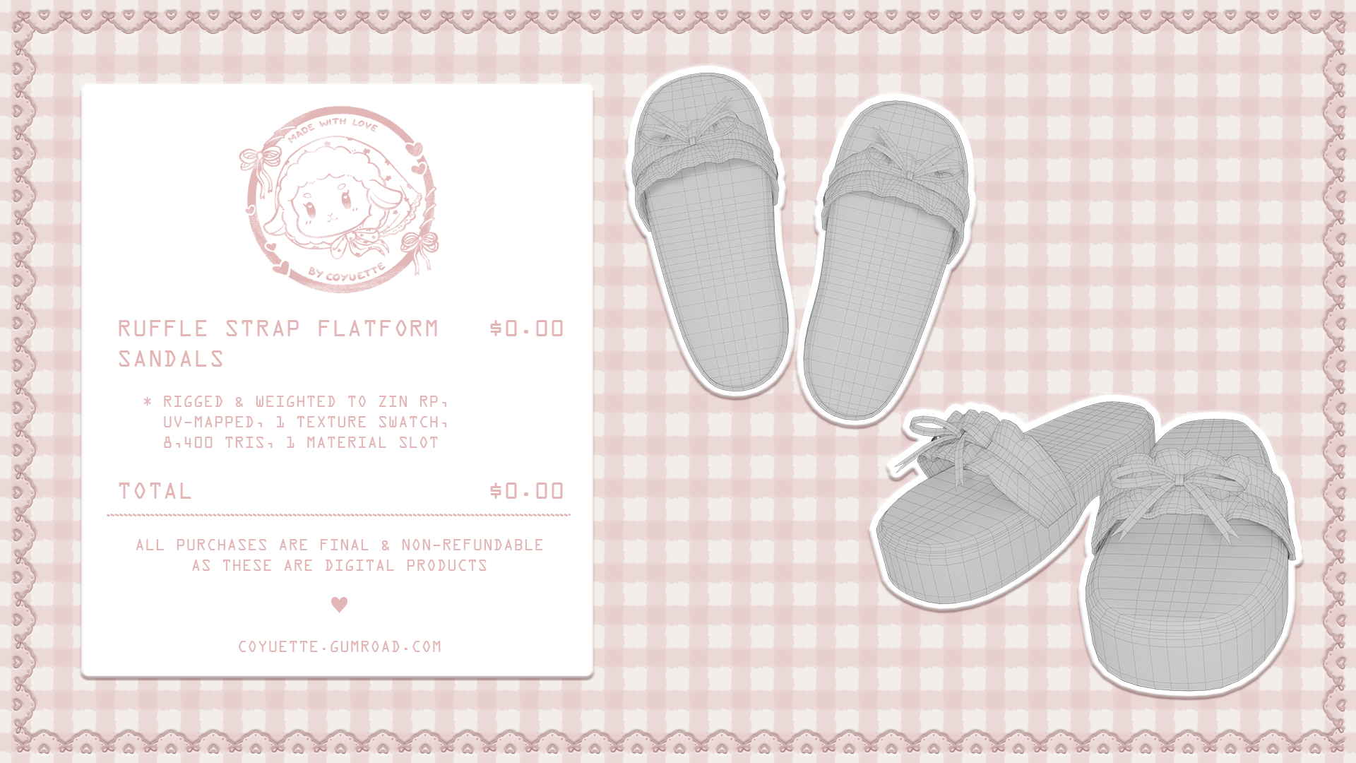 ˗ˏˋ ruffle strap flatform sandals﹒for VRChat﹒୨ৎ (free)