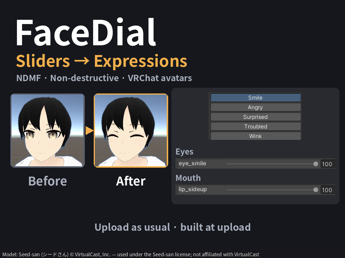 FaceDial — Non-destructive expression editor with blendshape sliders [VRChat / Unity / NDMF]