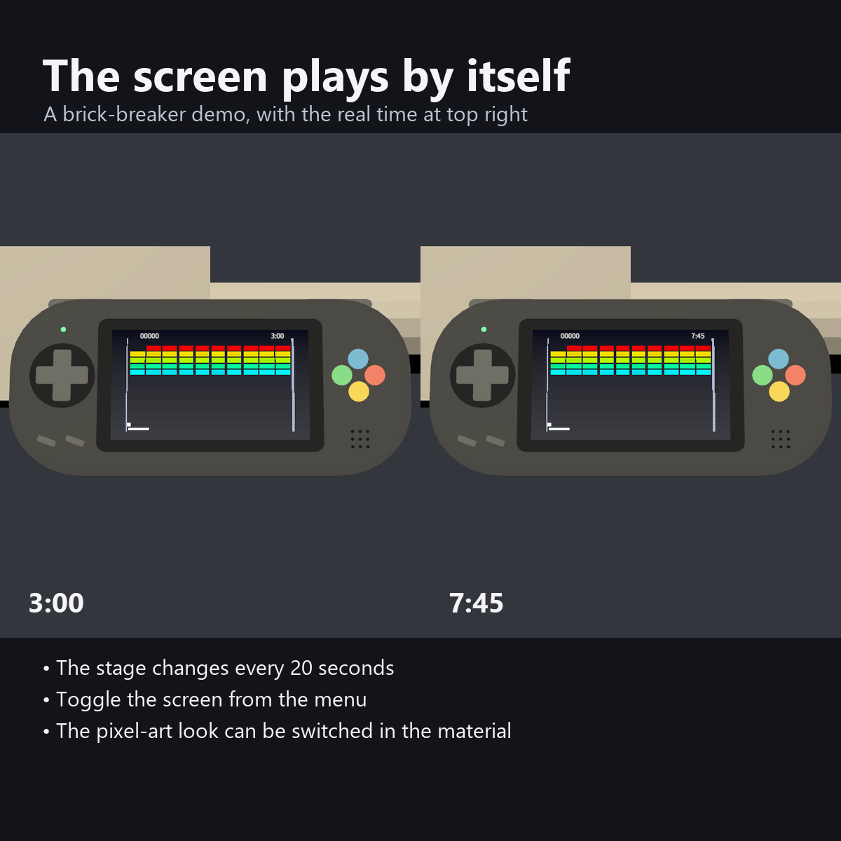 Handheld Game Console - Animated Brick-Breaker Demo and Clock | VRChat