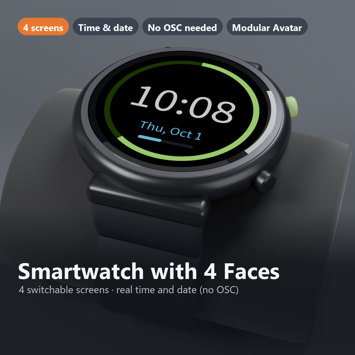 Smartwatch with 4 Switchable Faces - Time, Analog, Date, Heart Rate | VRChat