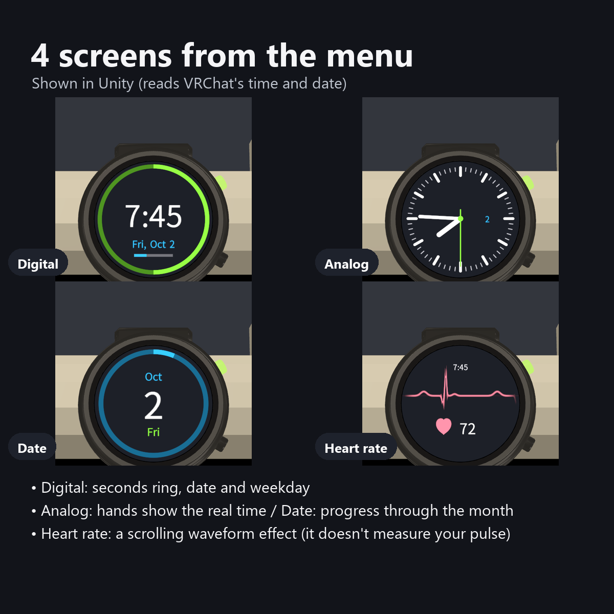 Smartwatch with 4 Switchable Faces - Time, Analog, Date, Heart Rate | VRChat