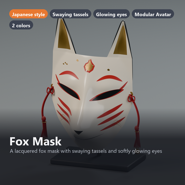 Fox Mask - Lacquered Kitsune Mask, Swaying Tassels, Glowing Eyes | VRChat