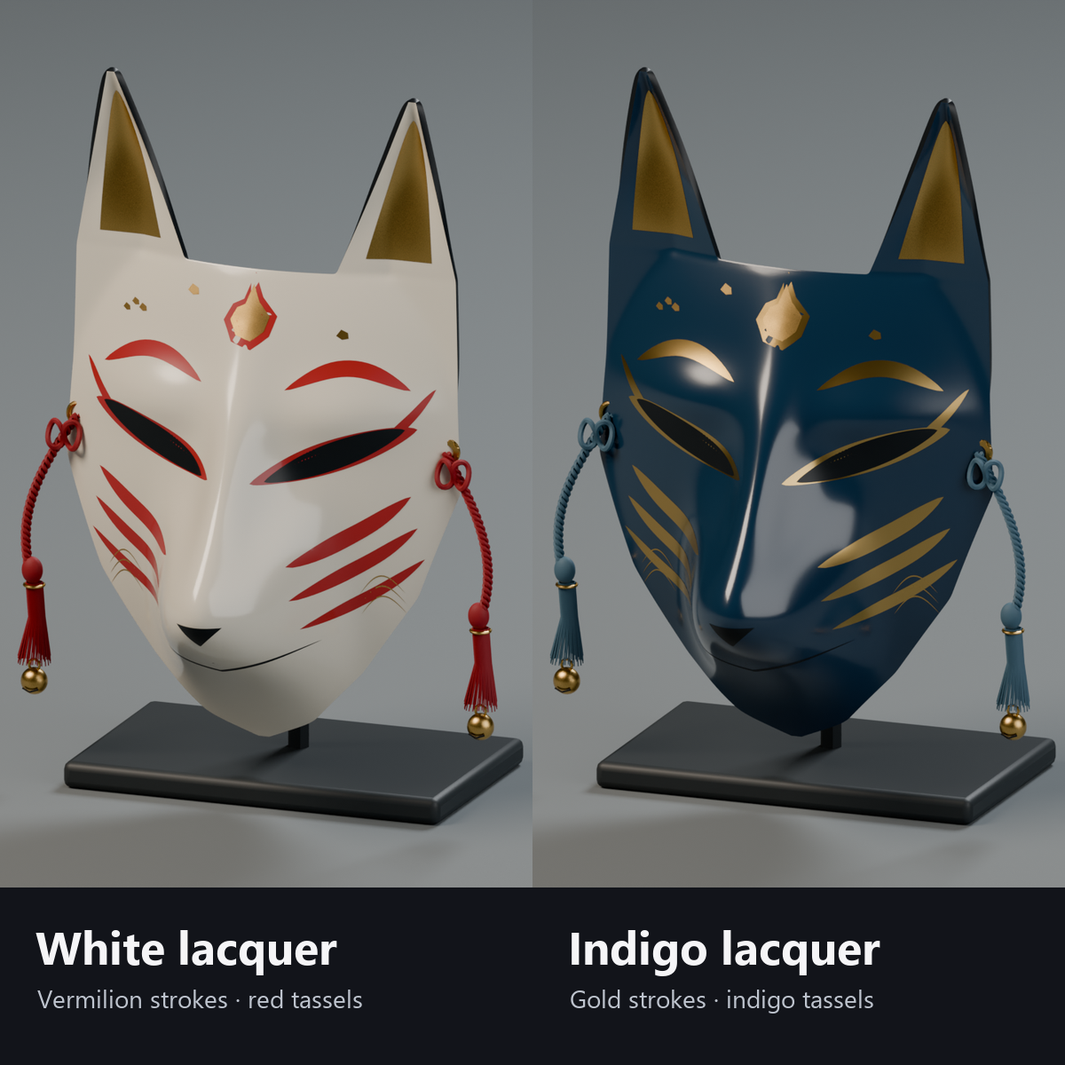 Fox Mask - Lacquered Kitsune Mask, Swaying Tassels, Glowing Eyes | VRChat