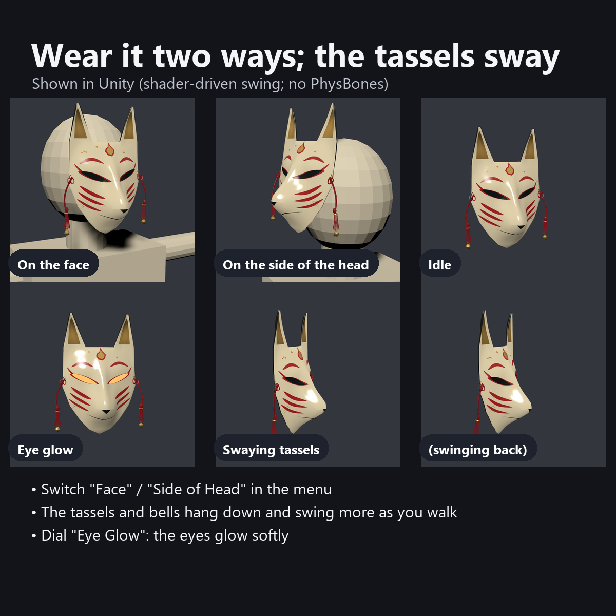 Fox Mask - Lacquered Kitsune Mask, Swaying Tassels, Glowing Eyes | VRChat
