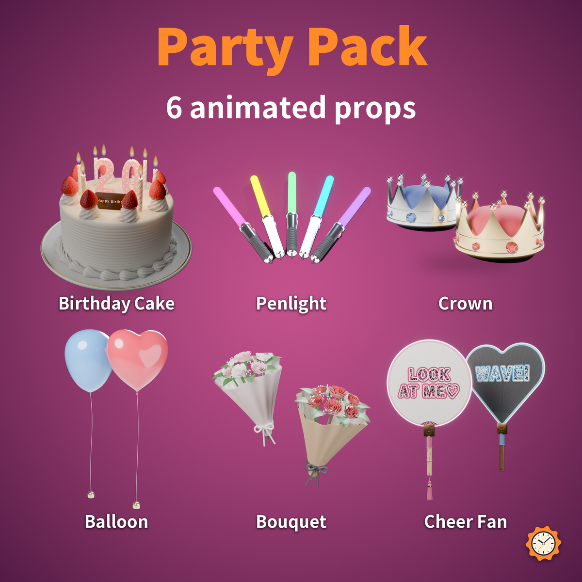 Party Pack - 6 Animated Props (Cake, Balloon, Bouquet, Penlight, Cheer Fan, Crown) | VRChat