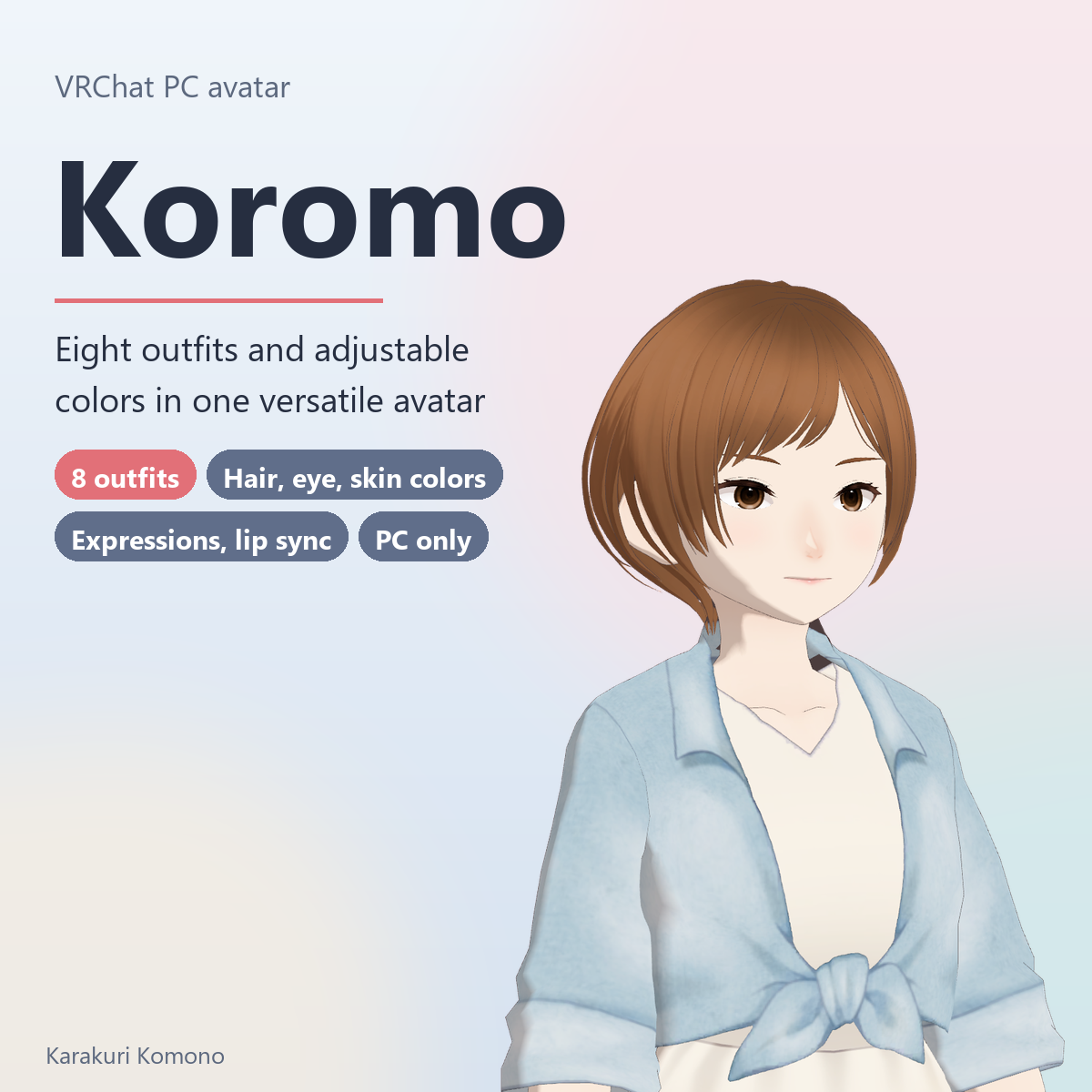 Koromo - VRChat Avatar with 8 Outfits and Adjustable Hair, Eye and Skin Colors (PC)