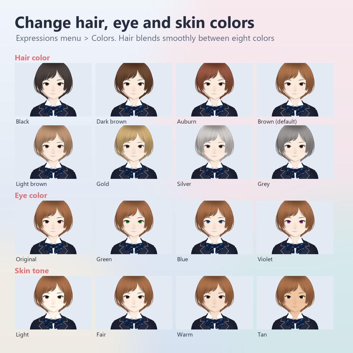 Koromo - VRChat Avatar with 8 Outfits and Adjustable Hair, Eye and Skin Colors (PC)