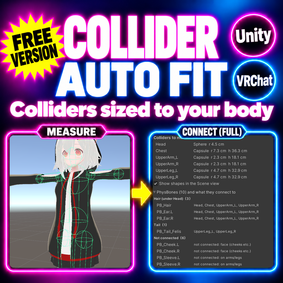 Collider Auto Fit — PhysBone colliders sized to your avatar's body, connected to hair, skirt and tail in one click [VRChat / Unity] (Free version available)