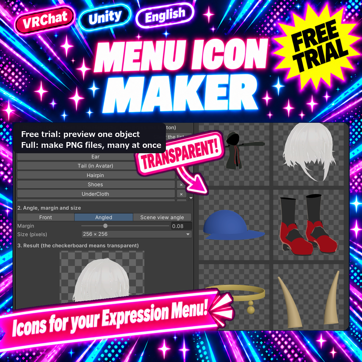 Menu Icon Maker — Turn outfits and accessories into transparent menu icons [VRChat / Unity] (Free trial available)