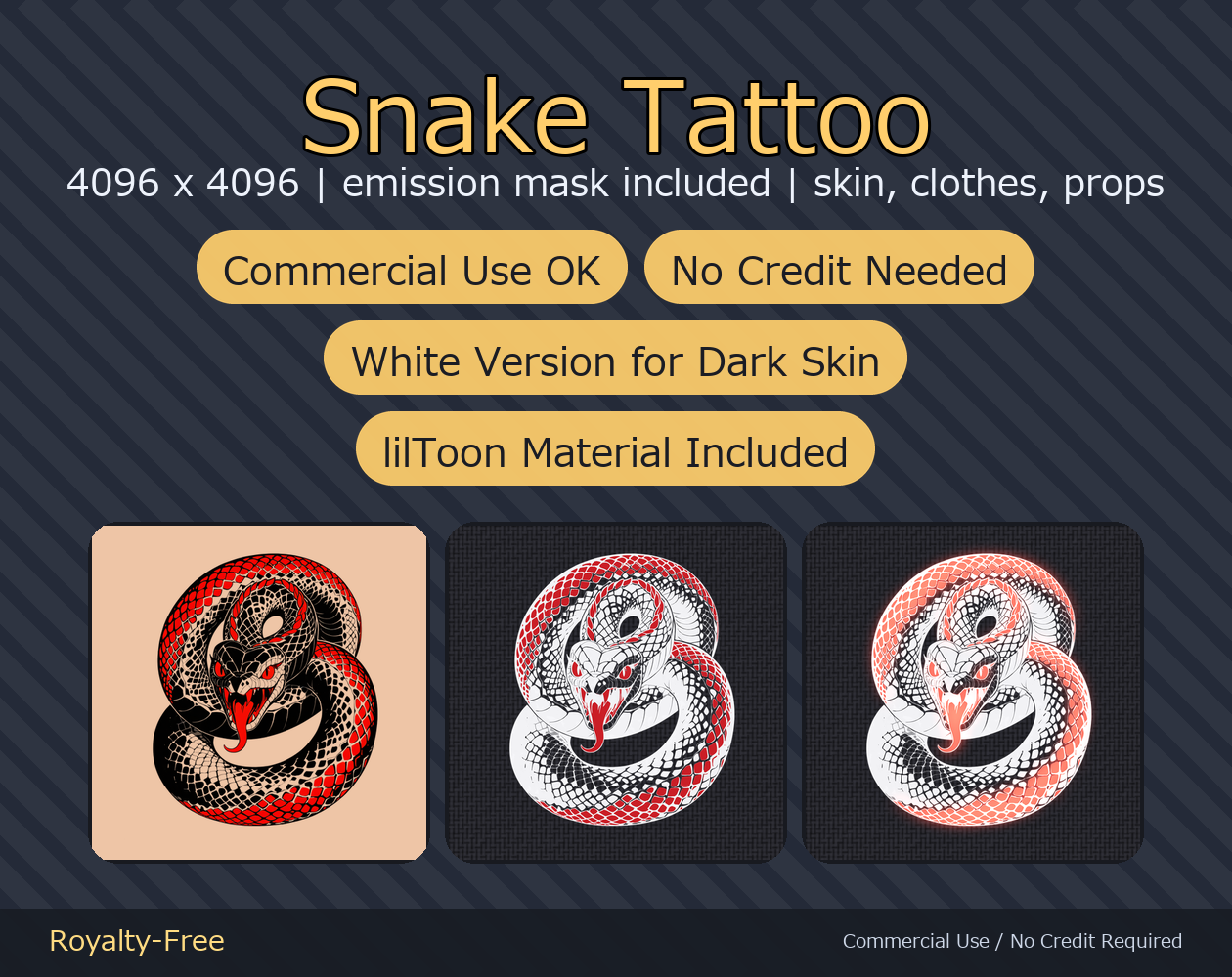 Snake Tattoo Decal - 4K + Emission Mask | Any Avatar, Skin, Clothes or Props