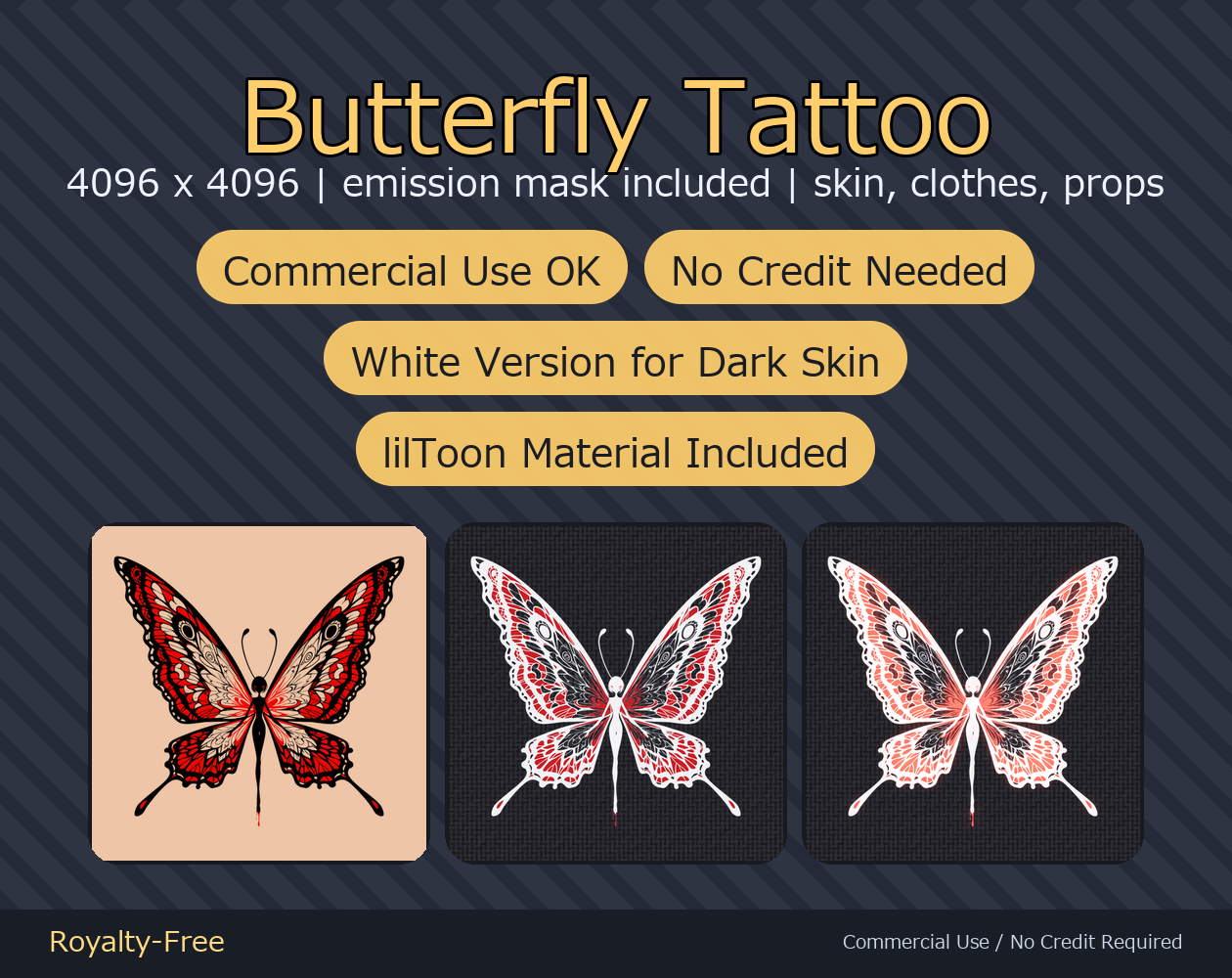 Butterfly Tattoo Decal - 4K + Emission Mask | Any Avatar, Skin, Clothes or Props