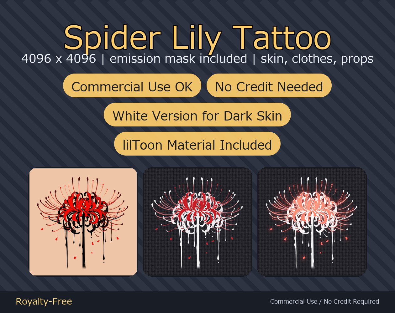 Spider Lily Tattoo Decal - 4K + Emission Mask | Any Avatar, Skin, Clothes or Props