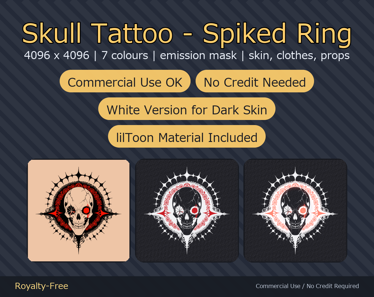 Skull Tattoo Decal - Spiked Ring - 4K, 7 Colours + Emission Mask | Any Avatar, Skin, Clothes or Props