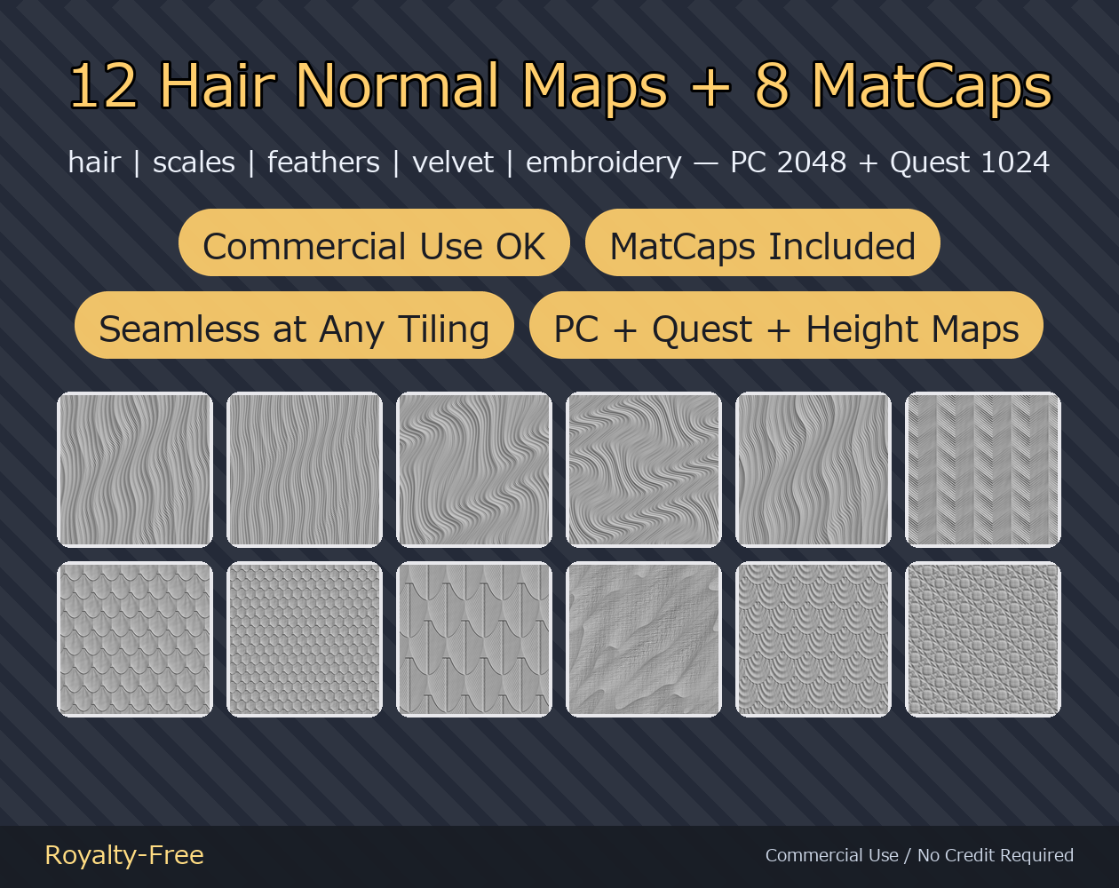 12 Hair Normal Maps + 8 MatCaps - Scales, Feathers & Embroidery | Works on Any Avatar