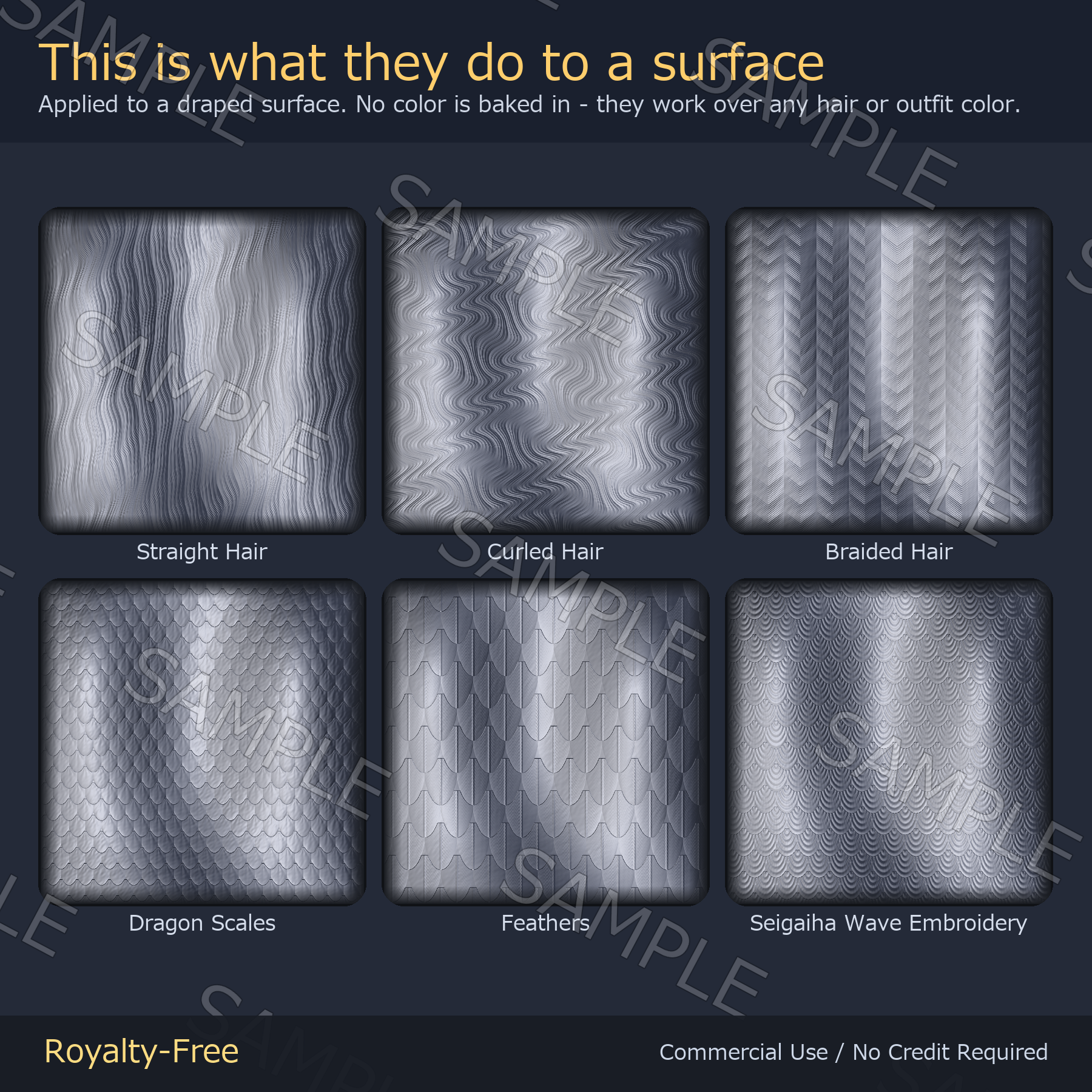 12 Hair Normal Maps + 8 MatCaps - Scales, Feathers & Embroidery | Works on Any Avatar