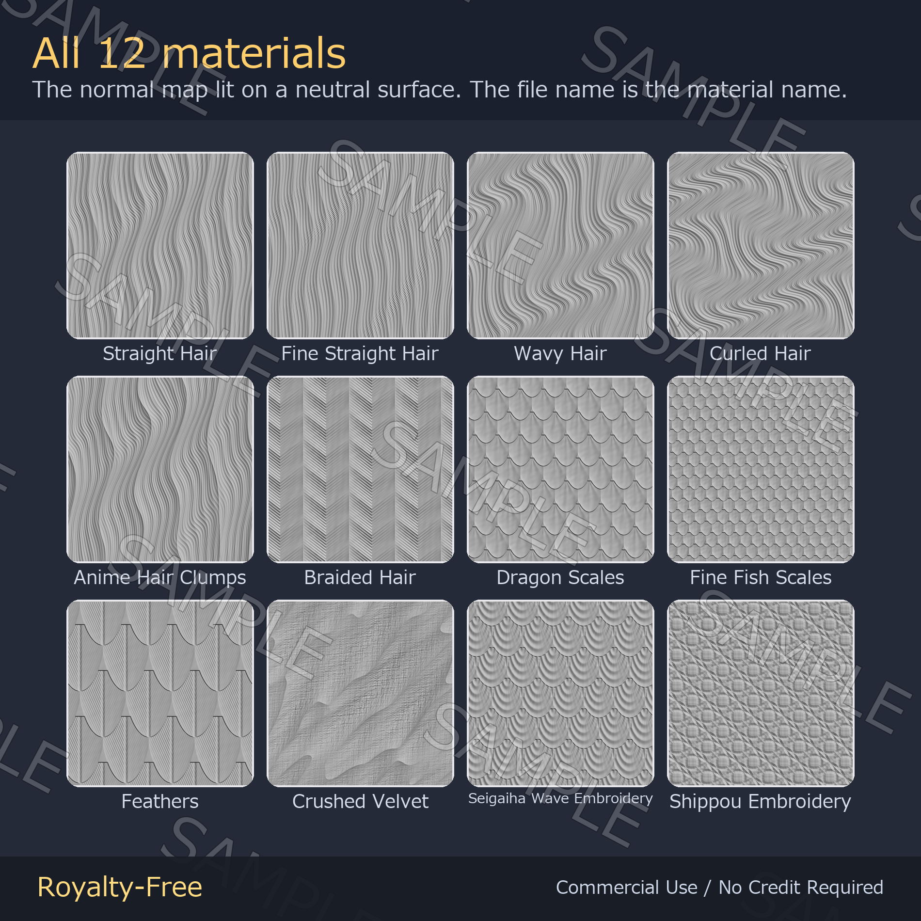 12 Hair Normal Maps + 8 MatCaps - Scales, Feathers & Embroidery | Works on Any Avatar