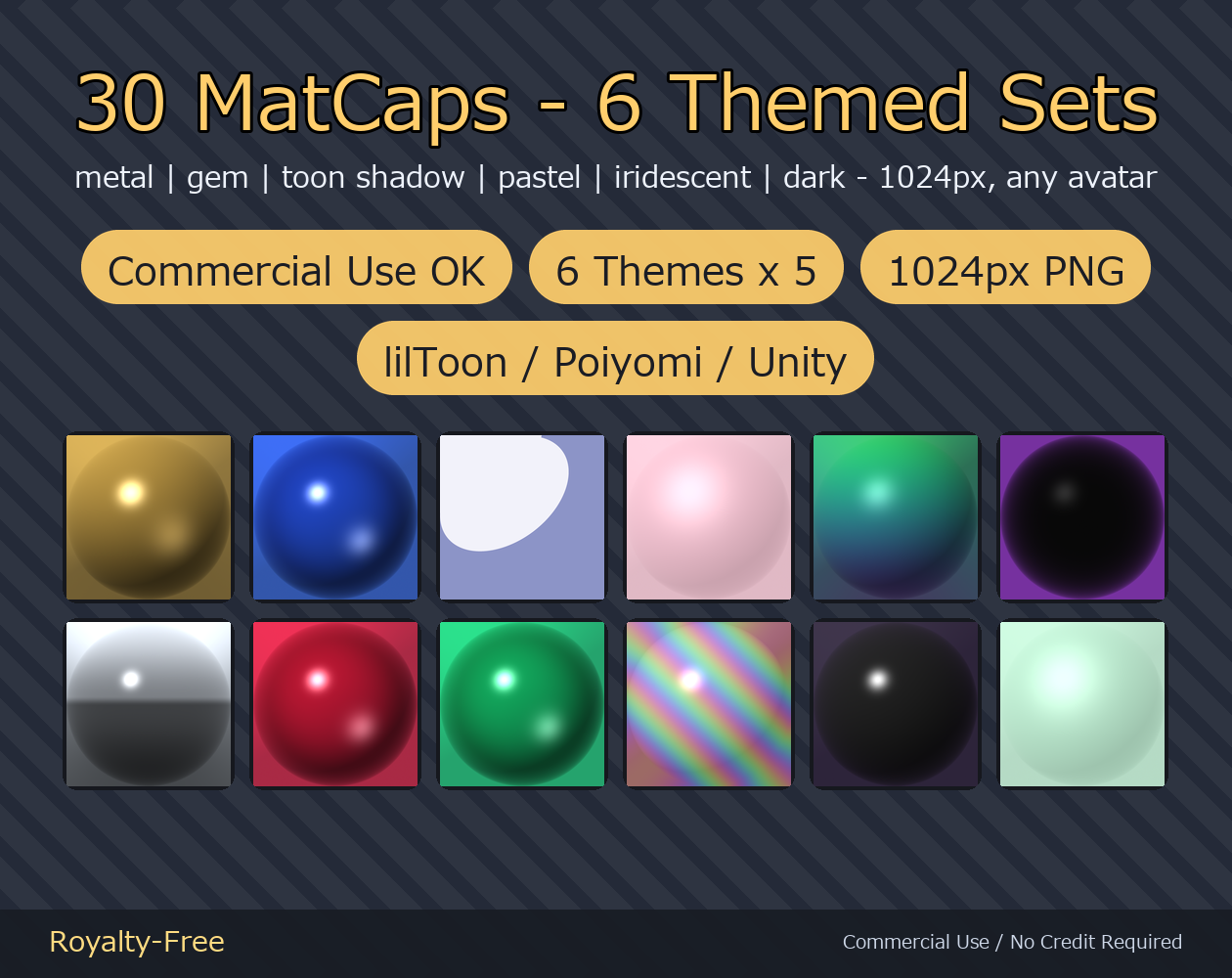 30 MatCaps - Metal, Gem, Toon Shadow, Pastel, Iridescent & Dark | 1024px, Works on Any Avatar