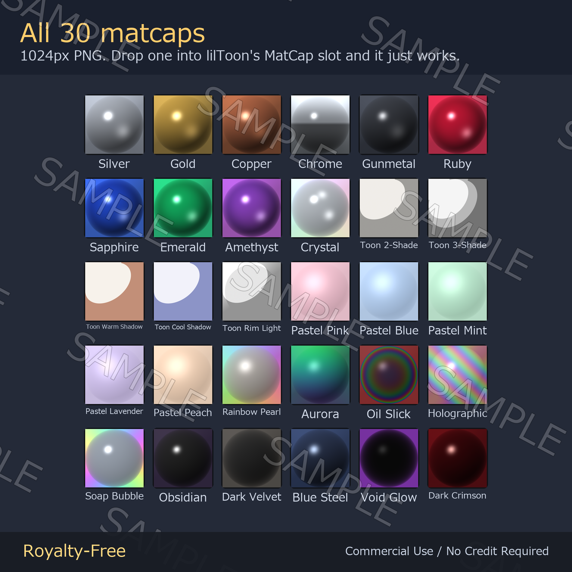 30 MatCaps - Metal, Gem, Toon Shadow, Pastel, Iridescent & Dark | 1024px, Works on Any Avatar