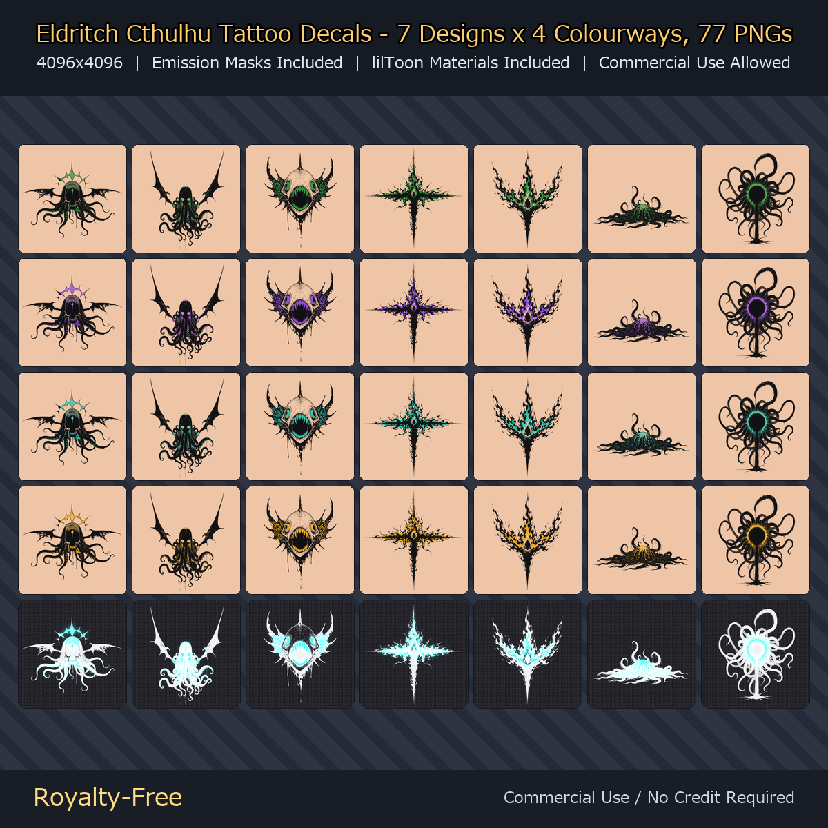 Eldritch Cthulhu Tattoo Decals - 7 Designs x 4 Colours, 4K + Emission Masks | Any Avatar, Skin, Clothes or Props