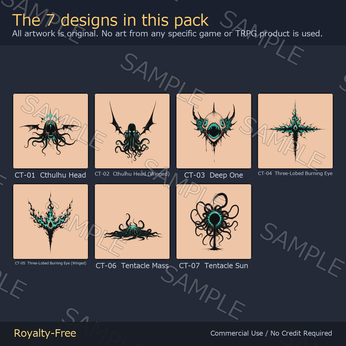Eldritch Cthulhu Tattoo Decals - 7 Designs x 4 Colours, 4K + Emission Masks | Any Avatar, Skin, Clothes or Props