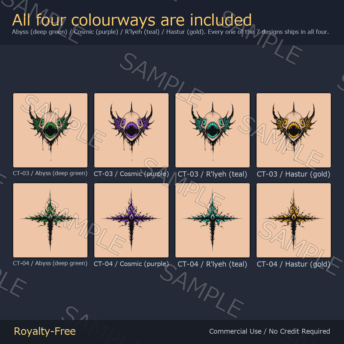 Eldritch Cthulhu Tattoo Decals - 7 Designs x 4 Colours, 4K + Emission Masks | Any Avatar, Skin, Clothes or Props