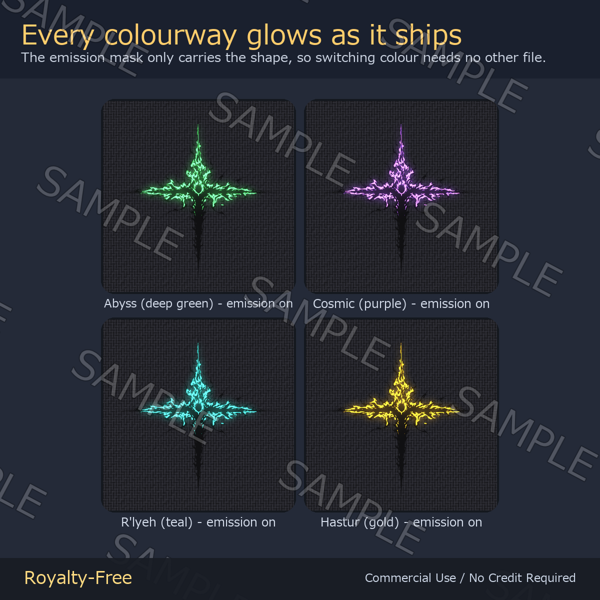 Eldritch Cthulhu Tattoo Decals - 7 Designs x 4 Colours, 4K + Emission Masks | Any Avatar, Skin, Clothes or Props