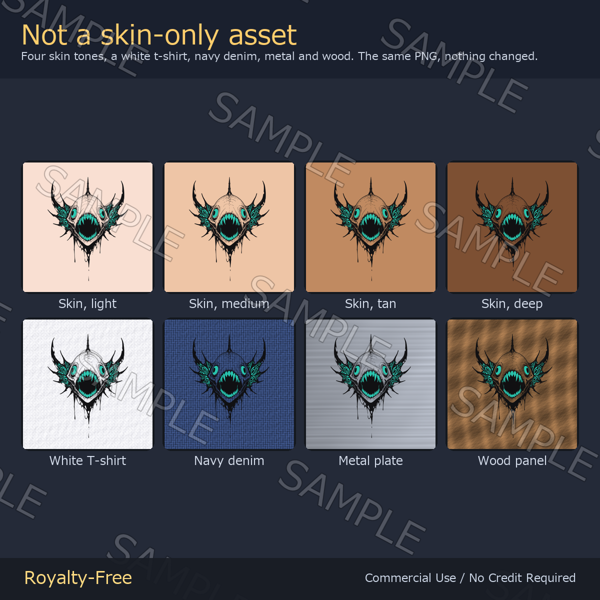 Eldritch Cthulhu Tattoo Decals - 7 Designs x 4 Colours, 4K + Emission Masks | Any Avatar, Skin, Clothes or Props