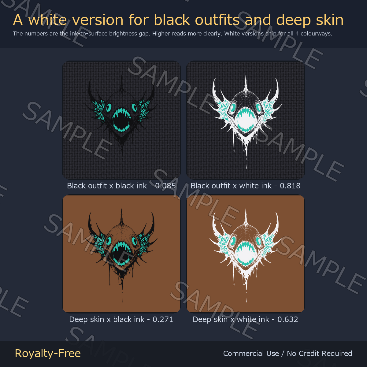 Eldritch Cthulhu Tattoo Decals - 7 Designs x 4 Colours, 4K + Emission Masks | Any Avatar, Skin, Clothes or Props