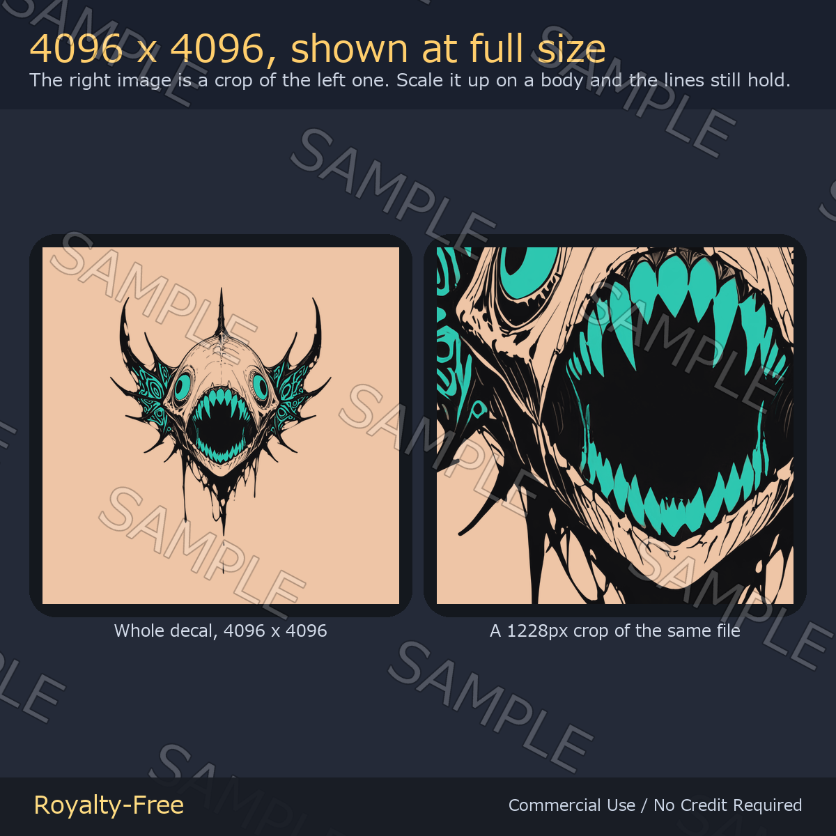 Eldritch Cthulhu Tattoo Decals - 7 Designs x 4 Colours, 4K + Emission Masks | Any Avatar, Skin, Clothes or Props