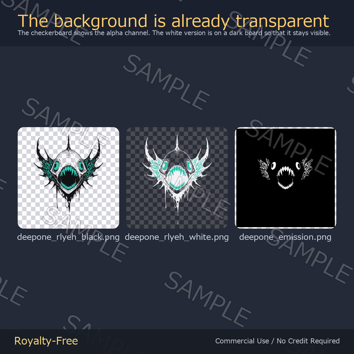 Eldritch Cthulhu Tattoo Decals - 7 Designs x 4 Colours, 4K + Emission Masks | Any Avatar, Skin, Clothes or Props