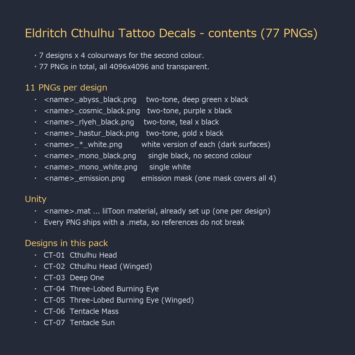 Eldritch Cthulhu Tattoo Decals - 7 Designs x 4 Colours, 4K + Emission Masks | Any Avatar, Skin, Clothes or Props