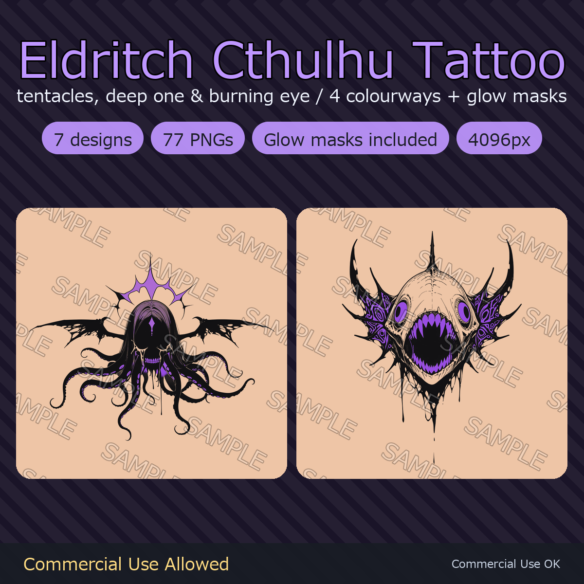 Eldritch Cthulhu Tattoo Decals - 7 Designs x 4 Colours, 4K + Emission Masks | Any Avatar, Skin, Clothes or Props