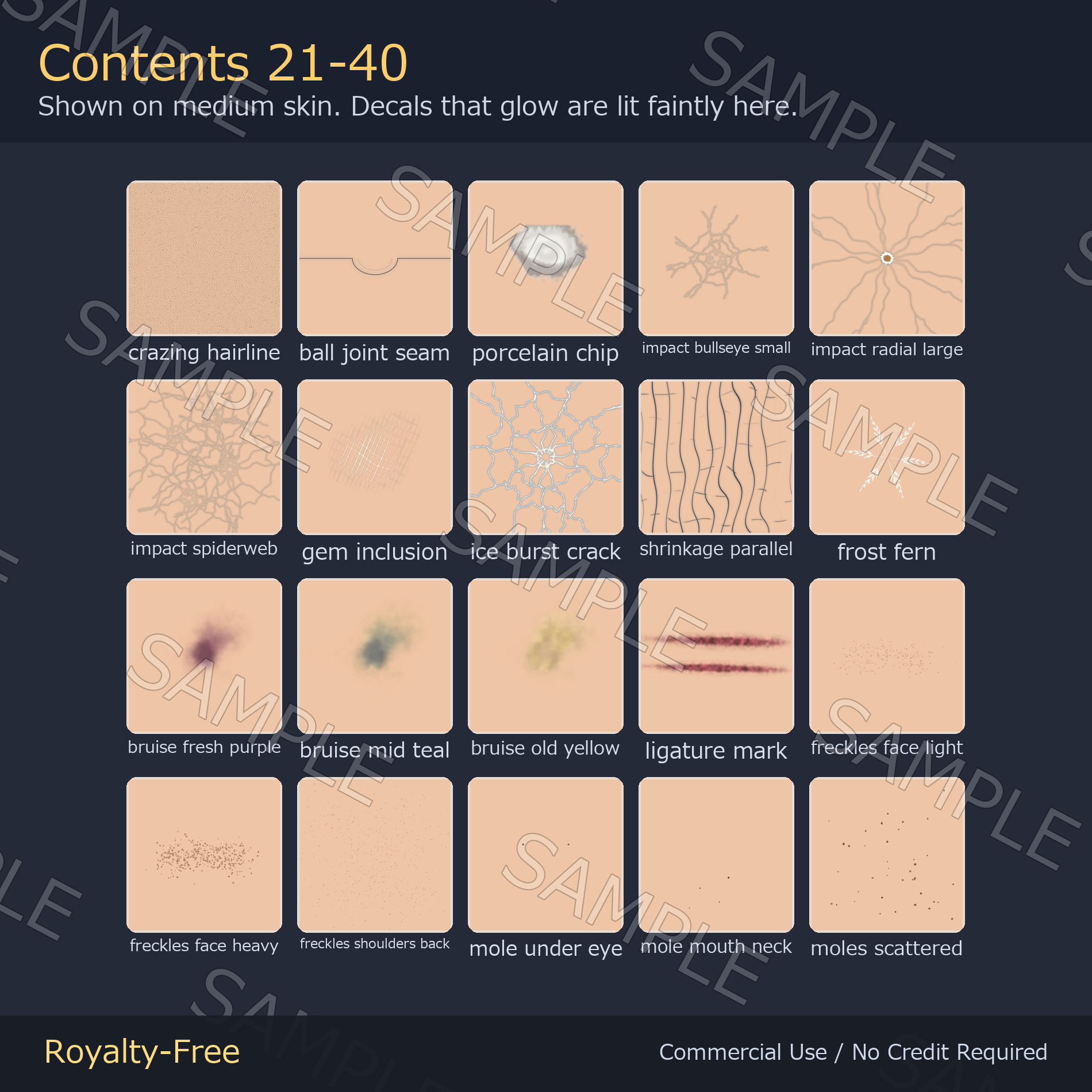 40 Skin Decals - Freckles, Moles, Cracks & Bruises | Multiply Version Included, Works on Any Skin Tone