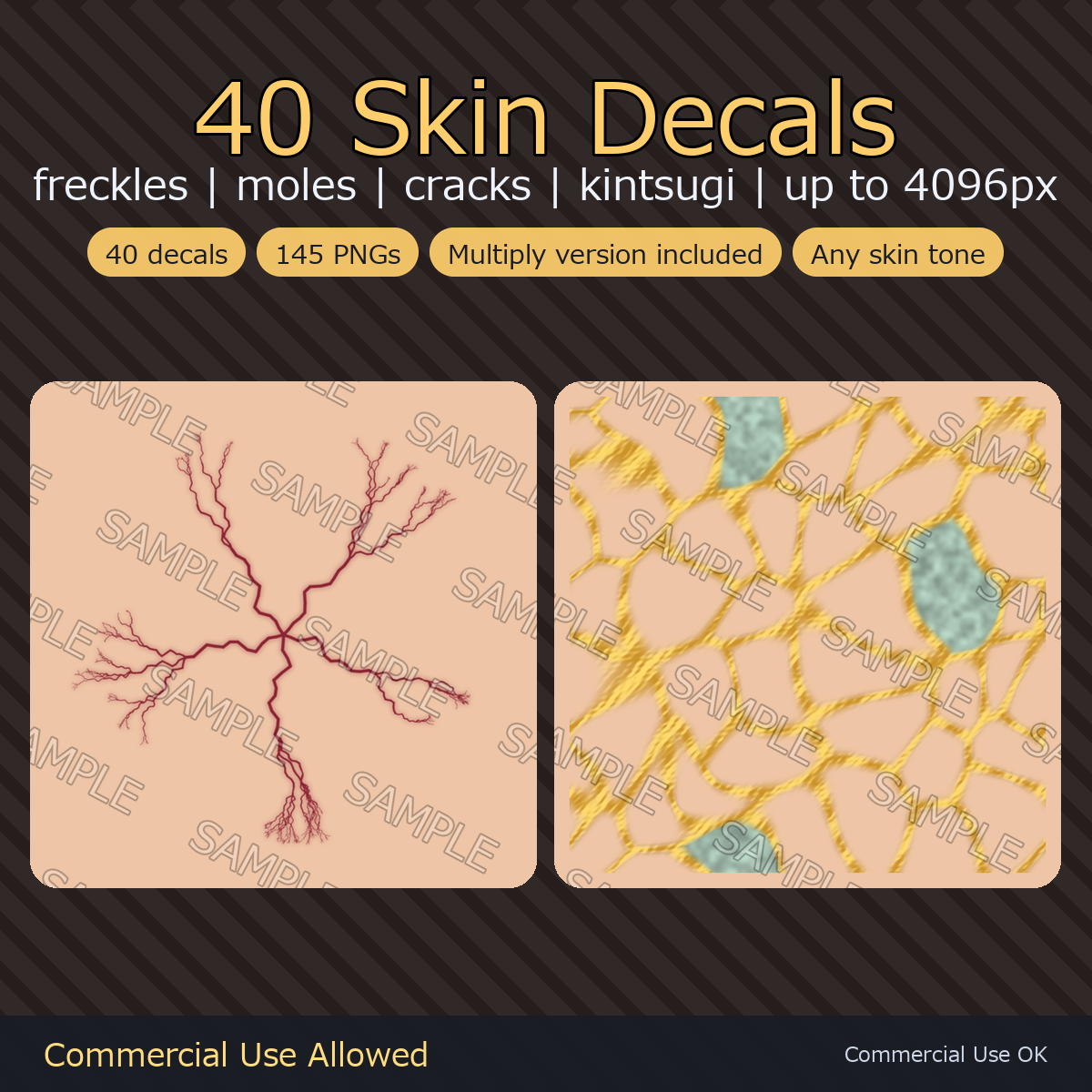 40 Skin Decals - Freckles, Moles, Cracks & Bruises | Multiply Version Included, Works on Any Skin Tone