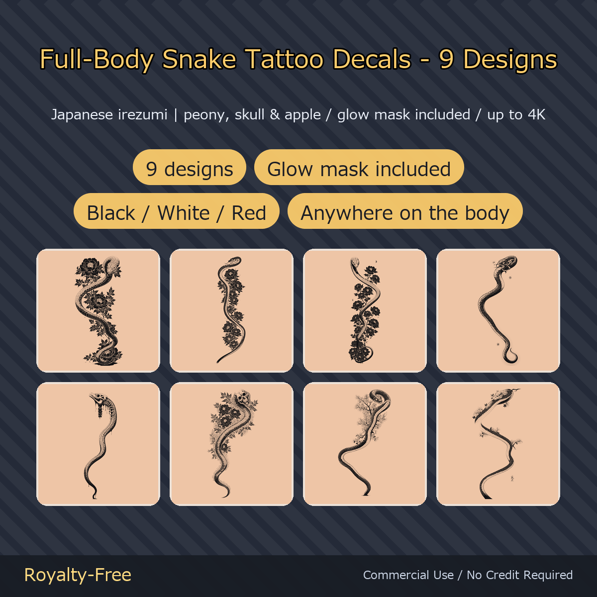 9 Full-Body Snake Tattoo Decals - Japanese Irezumi with Peony, Skull & Apple | Glow Mask & White Version, Any Avatar